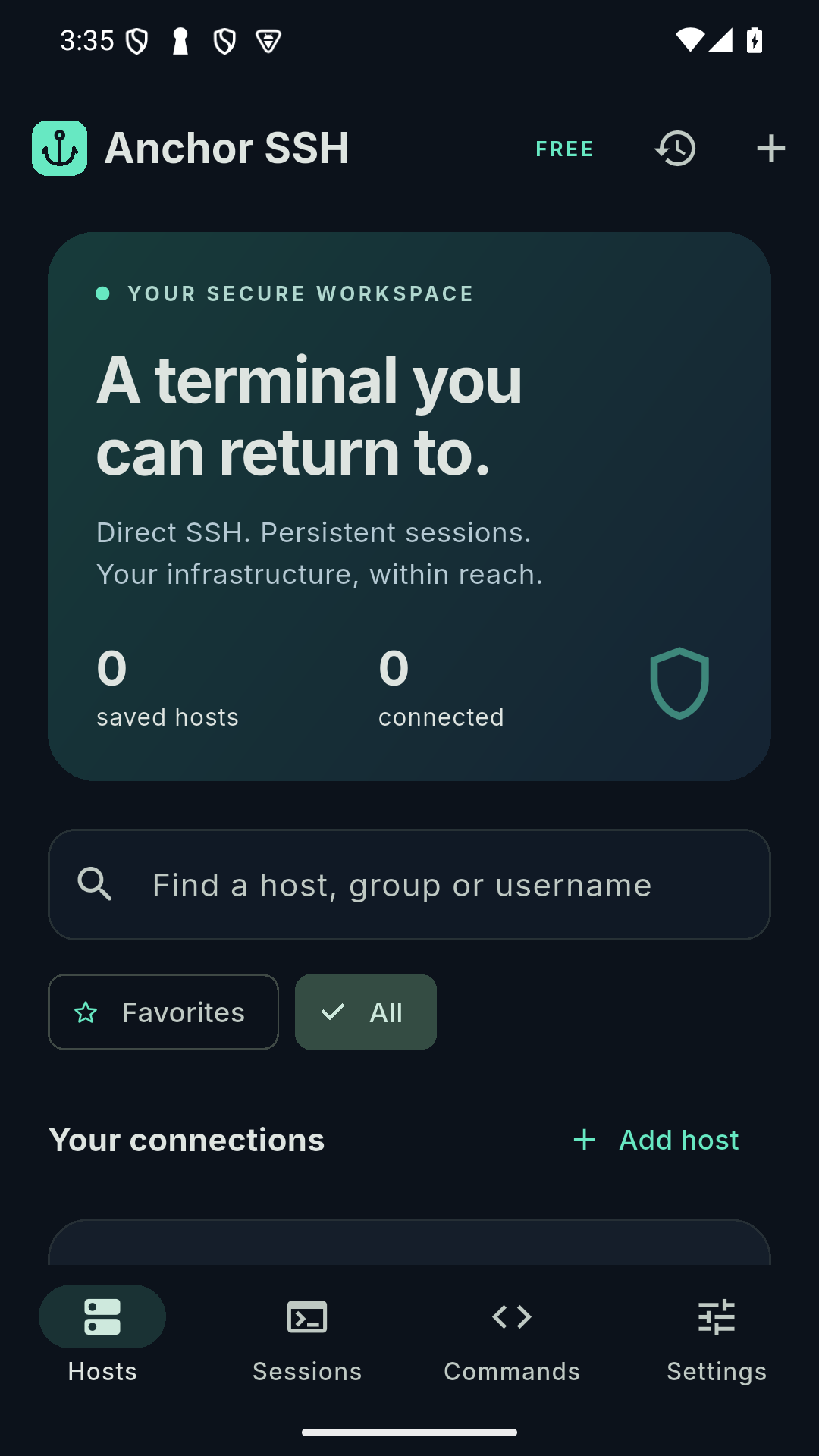 Anchor SSH Android app showing its dark workspace, host search and session navigation